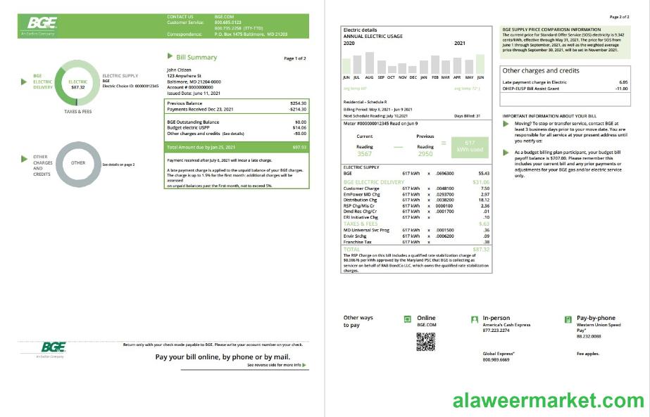 USA Maryland Baltimore Gas and Electric (BGE) utility bill template in Word and PDF format (2 pages)
